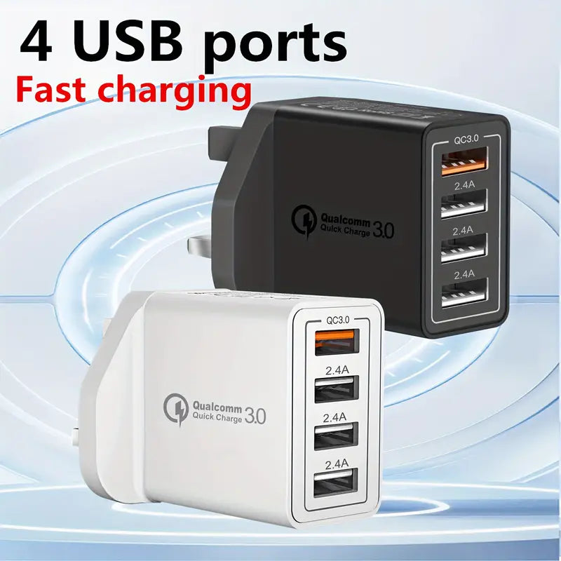 UK Plug USB Charger, 4-Port USB Fast Charger Plug Quick Charge 3.0 Wall Charger, Multi USB Power Adapter Fast Charging for iPhone, for Android Phones, Mobile Phones Cameras MP3 Etc