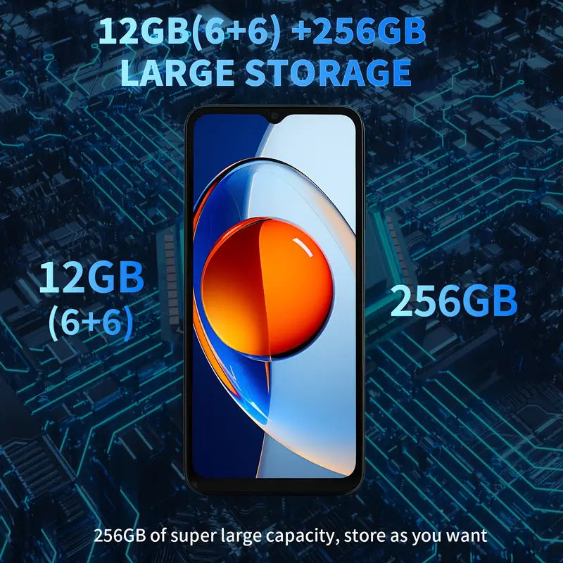 Redbeat E3 Smartphone, 6.6-Inch HD+ LCD Display, 12GB RAM (6+6 Extend) + 256GB ROM, 50MP, 5000mAh Battery, Android 14, 1.6 GHz Octa-Core Processor