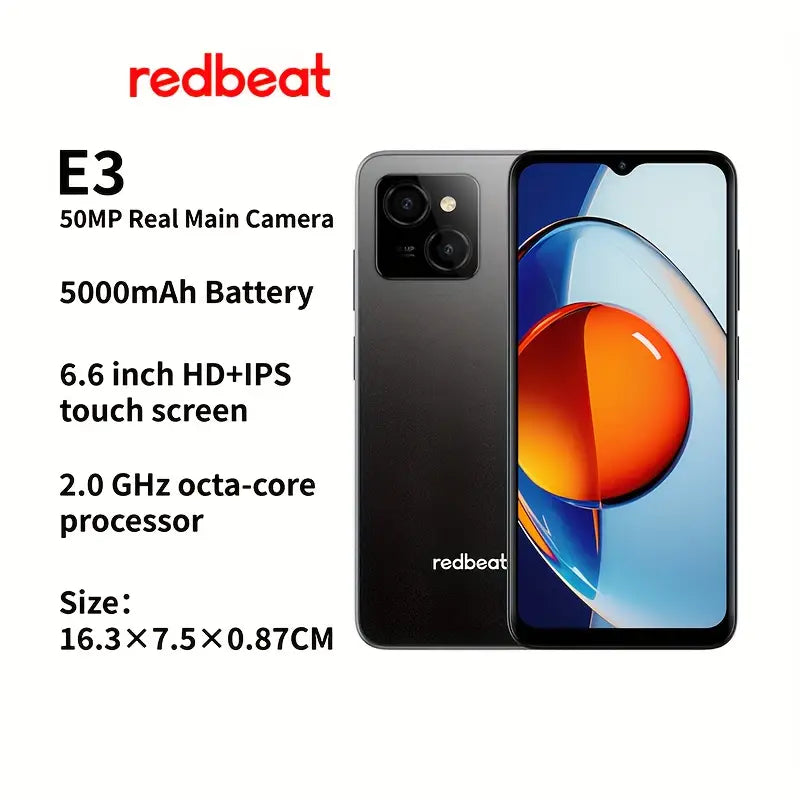 Redbeat E3 Smartphone, 6.6-Inch HD+ LCD Display, 12GB RAM (6+6 Extend) + 256GB ROM, 50MP, 5000mAh Battery, Android 14, 1.6 GHz Octa-Core Processor