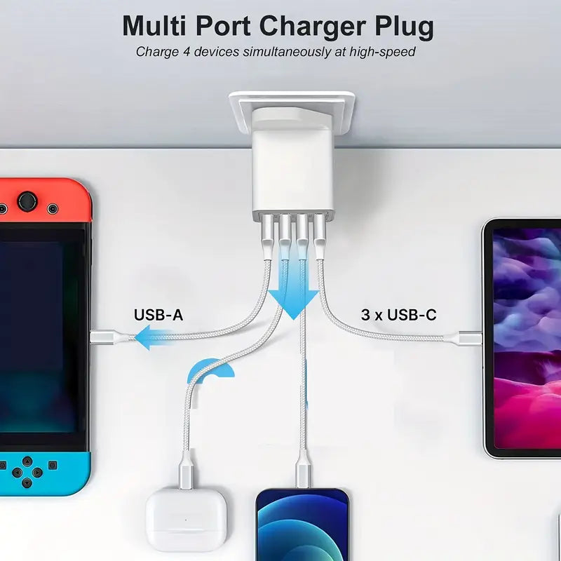UK Plug USB Charger, 4-Port USB Fast Charger Plug Quick Charge 3.0 Wall Charger, Multi USB Power Adapter Fast Charging for iPhone, for Android Phones, Mobile Phones Cameras MP3 Etc