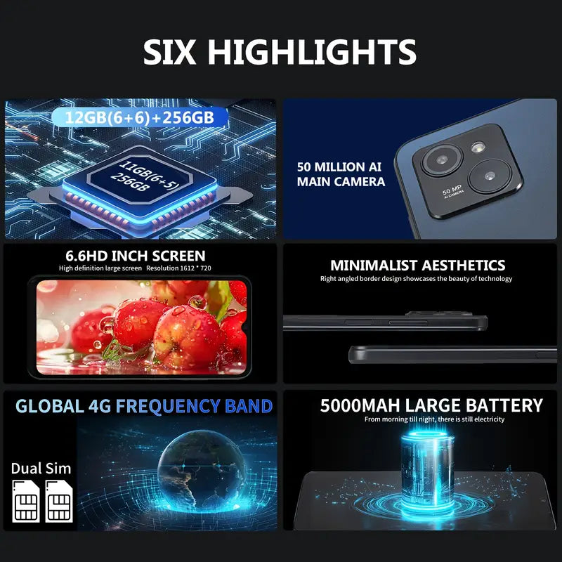 Redbeat E3 Smartphone, 6.6-Inch HD+ LCD Display, 12GB RAM (6+6 Extend) + 256GB ROM, 50MP, 5000mAh Battery, Android 14, 1.6 GHz Octa-Core Processor